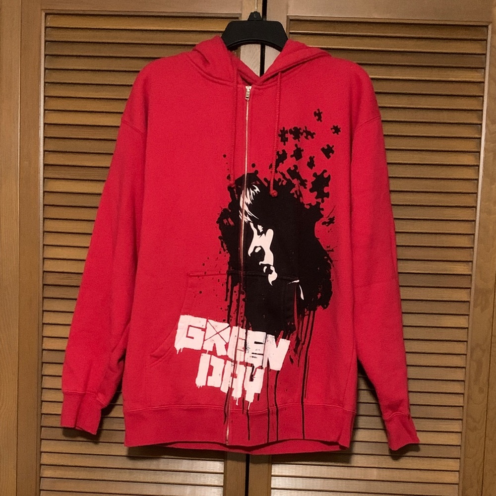 Green Day Y2K 21st Century Breakdown Red Face Puzzle Zipper Hoodie L